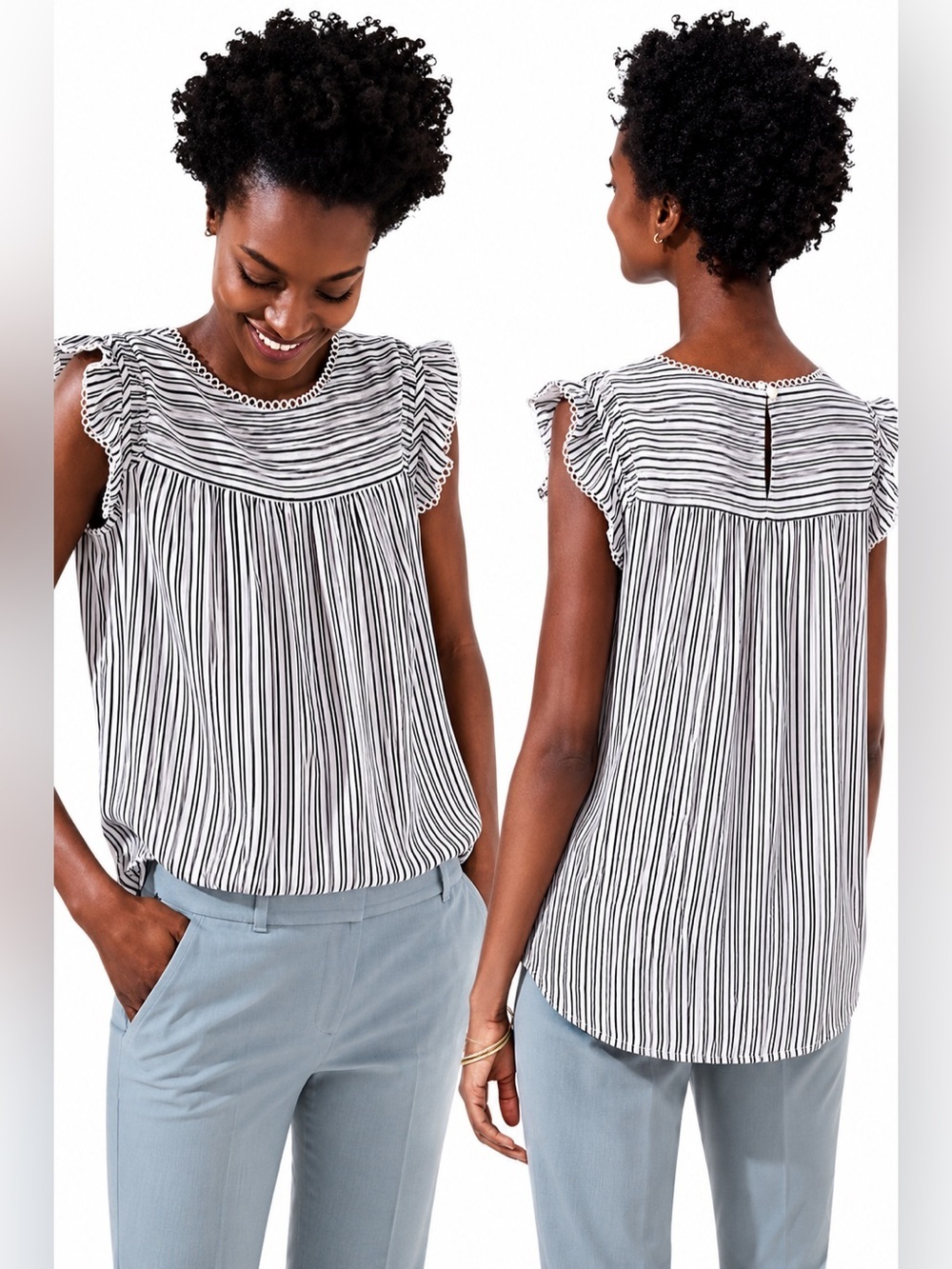 LOFT Lacy Gray & White Striped Shirred Blouse Crochet Ruffle Sleeves size M